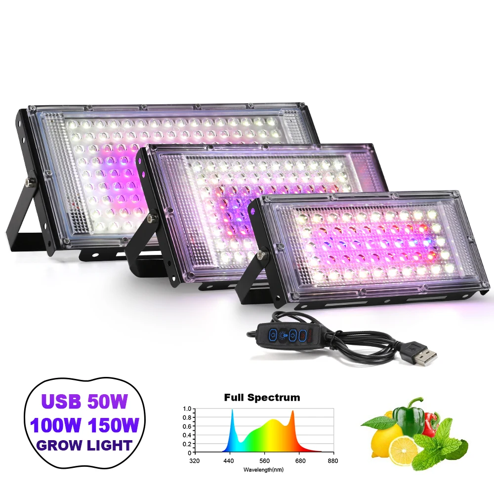 

Полный спектр светодиодный светильник для выращивания растений, прожектор USB 5 В, 50 Вт, 100 Вт, 150 Вт, IP65, водонепроницаемые лампы для растений, гидропонный вспомогательный светодиодный прожектор