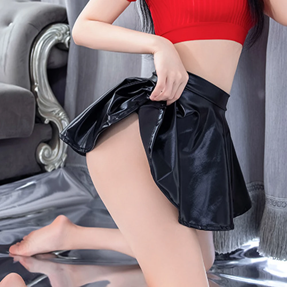 Sexy Women's Lingerie Shinny Black PU-Leather Pleated Skirt Super Mini Short Skirts Club Party Costume Skirts Woman Clothing