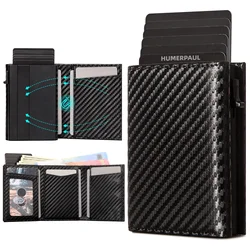 Carbon Fiber Mens Wallet Card Holder RFID Blcoking Pop Up Aluminum Cards Case Slim Male Front Pocket with Banknote Compartment