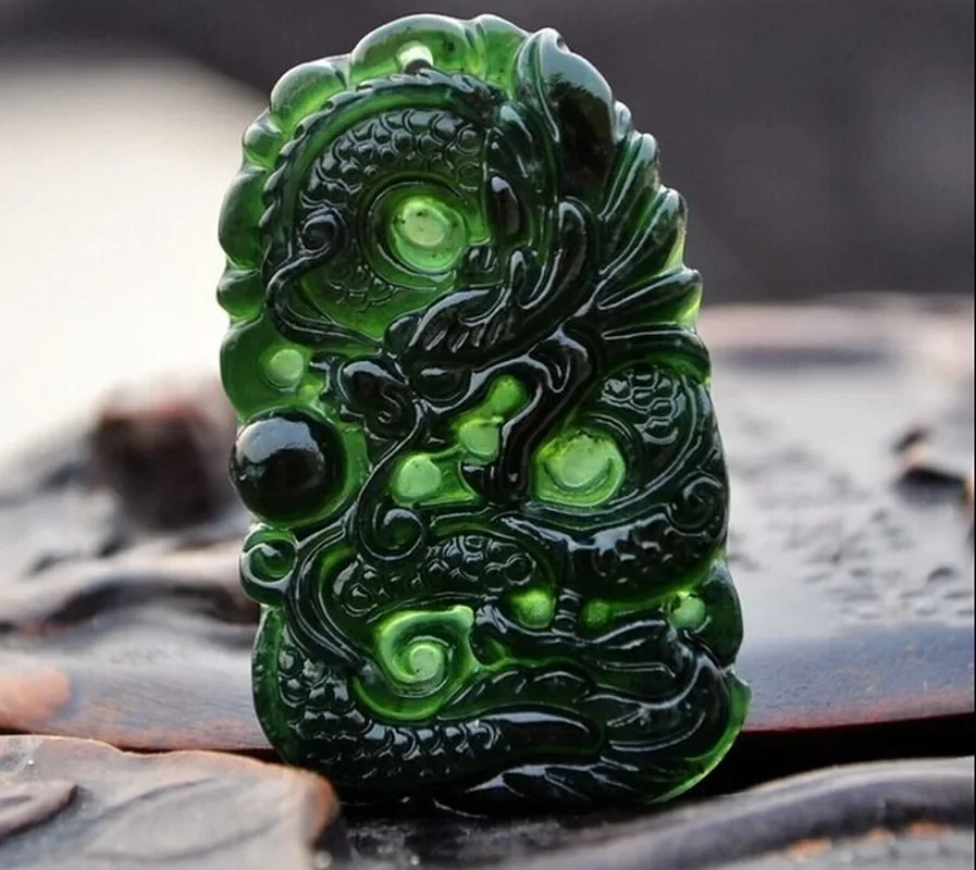 

Natural Dark Green Hand-Carved Zodiac Dragon Male Jade Pendant Jade Delicate Light Play Transparent