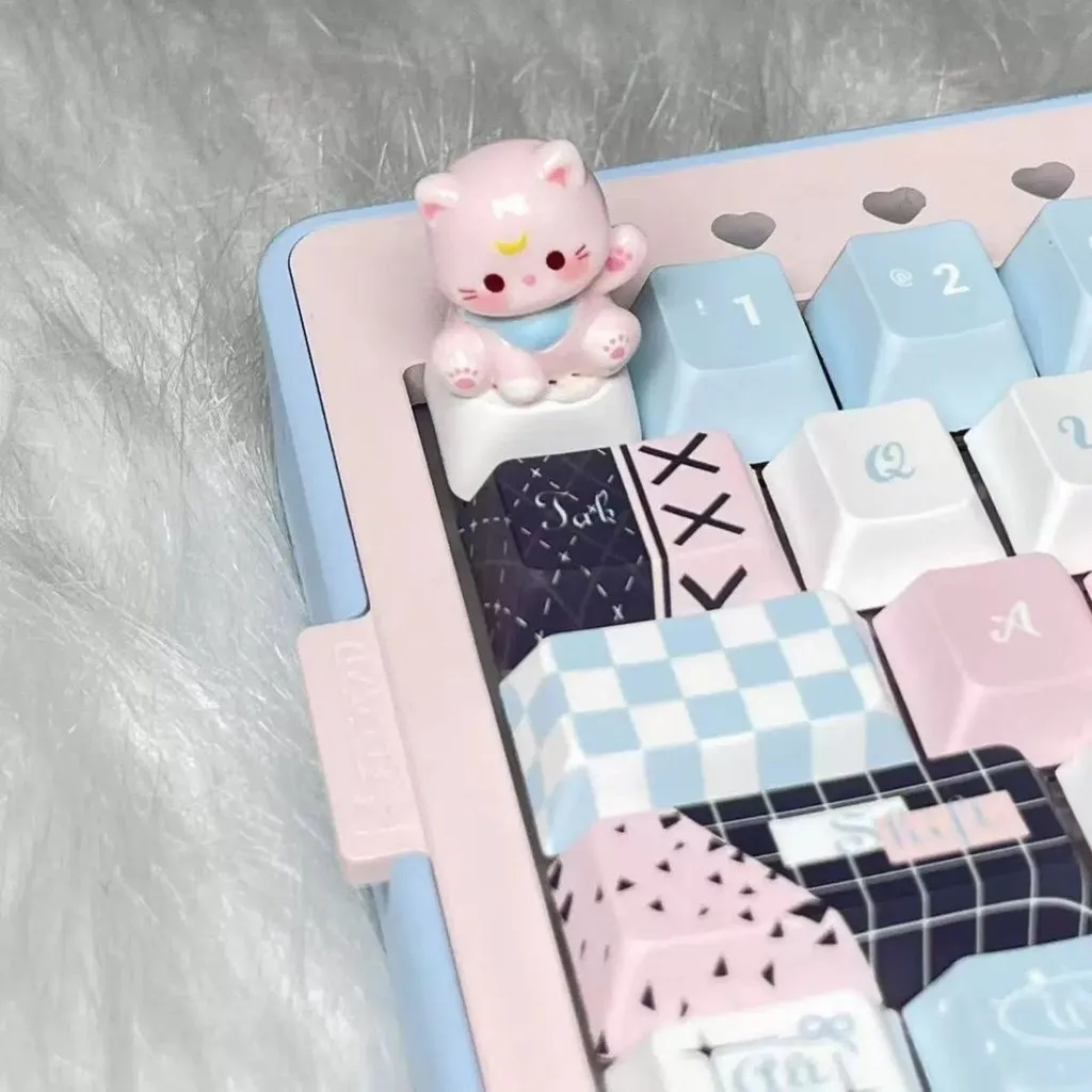 Teclado mecánico de eje transversal personalizado hecho a mano con gato de dibujos animados en 3D, teclas R4, teclas creativas personalizadas