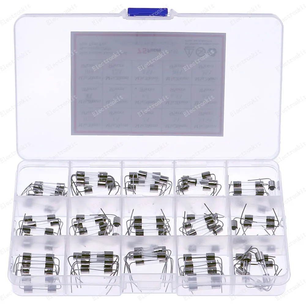 75 sztuk/pudło 15 wartość 5*20mm 250V bezpiecznik z przewód zasilający szkło zestaw bezpieczników 0.5A 1A 2A 3A 3.15A 4A 5A 6A 6.3A 8A 10A 12A 15A 20A 25A