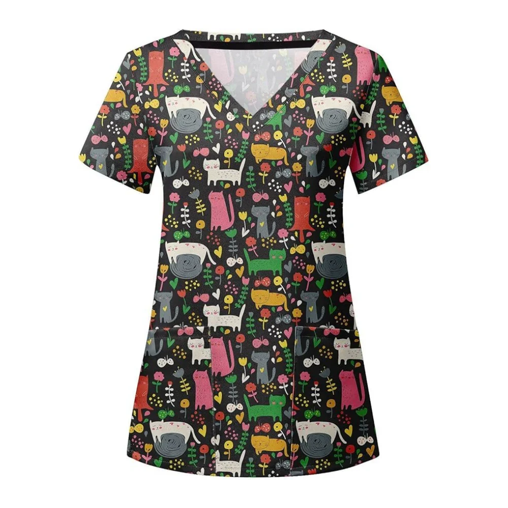 زي نسائي سريري موحد على شكل ديناصور مطبوع عليه رسوم كرتونية مرنة للغاية ورقبة على شكل حرف V زي موحد ملابس طبية بجيب بأكمام قصيرة