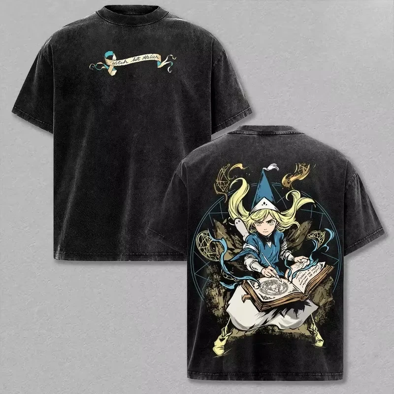 Anime Mystic Brushbuddy Witch Hat Atelier Graphic Print T-shirt Women Women Retro Washed Loose Casual Oversized Summer New Tee