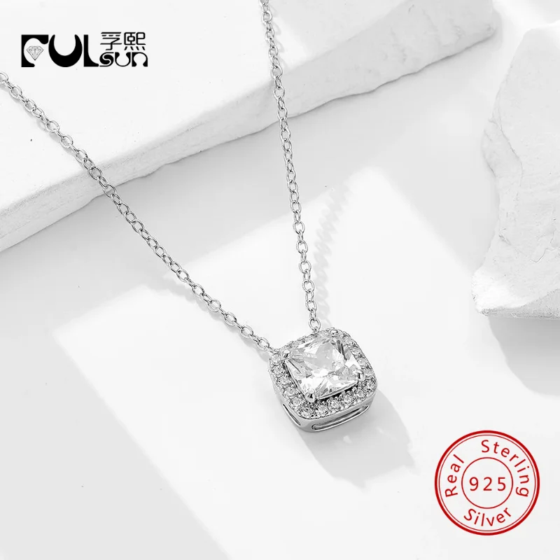 925スターリングシルバー14kゴールドメッキクッションスクエアハローcz細チェーンペンダントネックレス女性用華奢なジュエリー