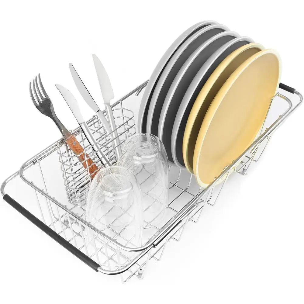 

Sink Dish Drainer Rack, Expandable 304 StainlSteel Dish Drying Rack Organizer with StainlSteel Utensil Rack, Adjustable 14.96" t
