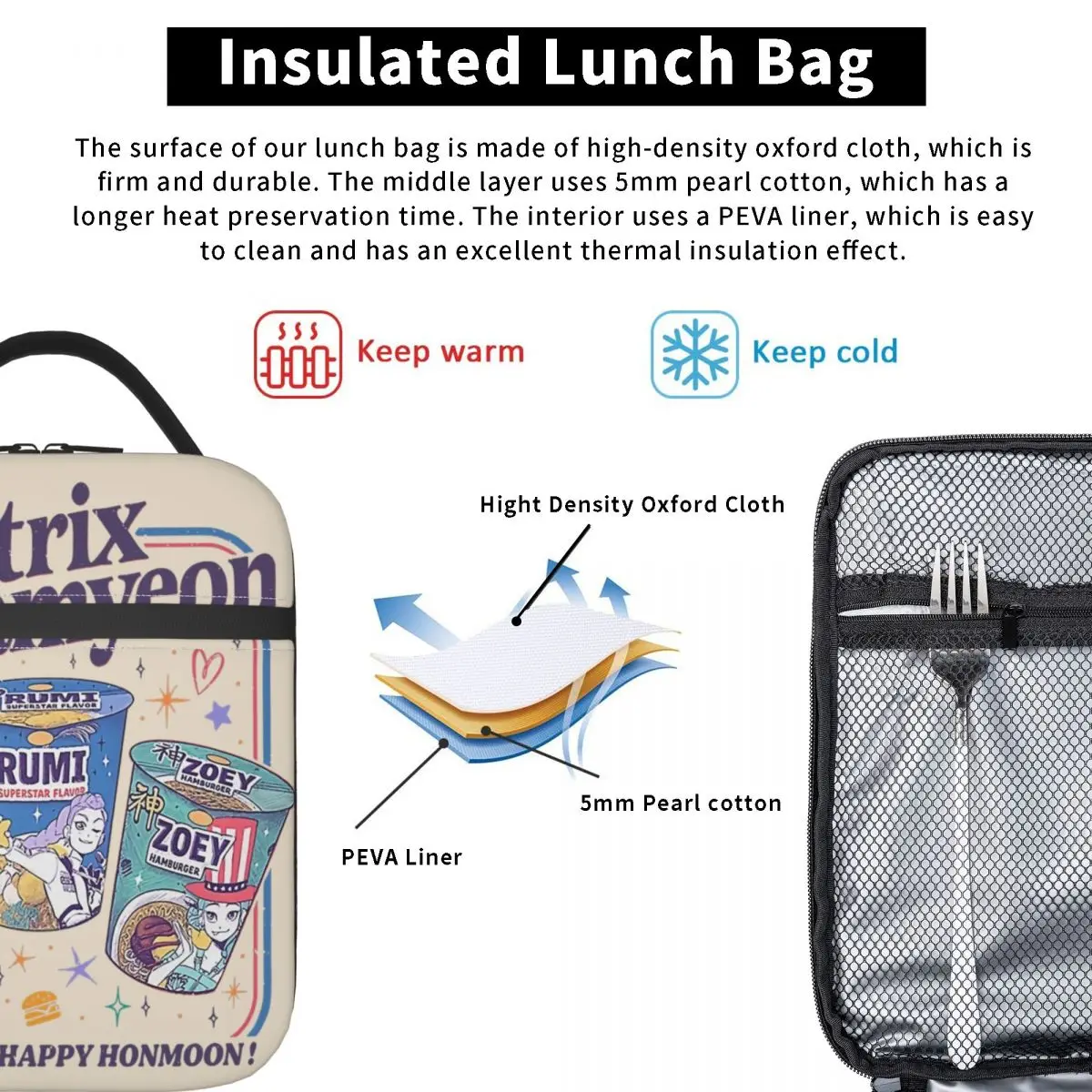 KPop شيطان الصيادين فيلم هنتركس راميون معزول أكياس الغداء وجبة كبيرة الحاويات حقيبة للحفاظ على البرودة حمل علب الاغذية أكياس تخزين المواد الغذائية