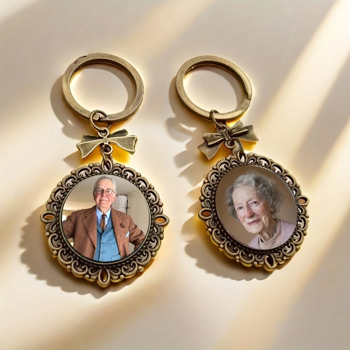 Personalized Dual-Sided Photo Keychain with Synthetic Gemstone
