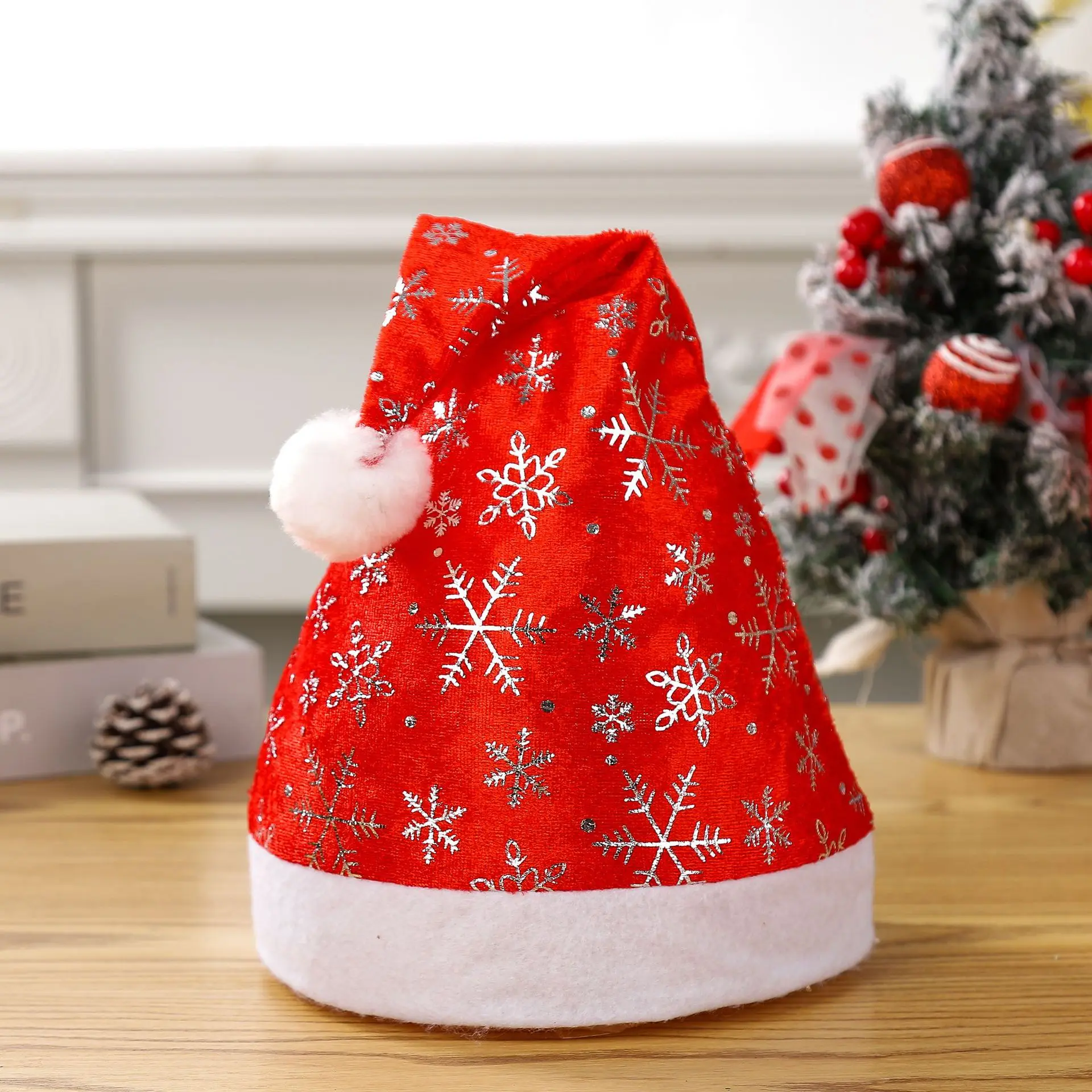 Single Layer Red Velvet Christmas Hat - Gold Foil Printed Snowflake Star Moon Design, Festive Holiday Party Cap for Adults