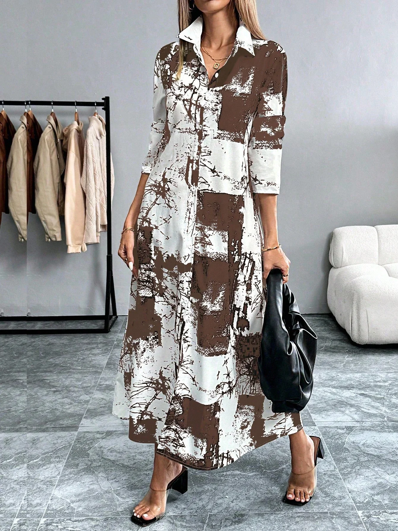 

Женское платье-рубашка с абстрактным принтом и длинными рукавами, повседневное макси-платье