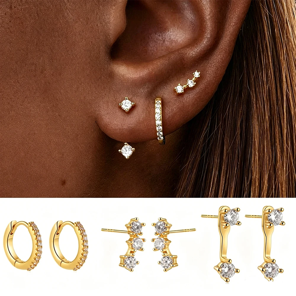 3Pair/set Luxury CZ Zircon Stackable Piercing 14k Gold Plated Earrings for Women Dainty Cartilage Huggie Hoop Earring Jewelry