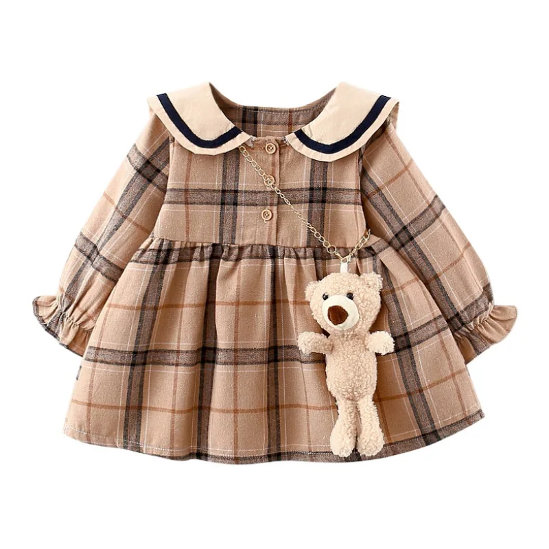 Baby Girl Cute Princess Skirt Newborn Fashion Long-sleeved Navy Plaid Dress Infant Girls Wedding Birthday Party Casual Dress