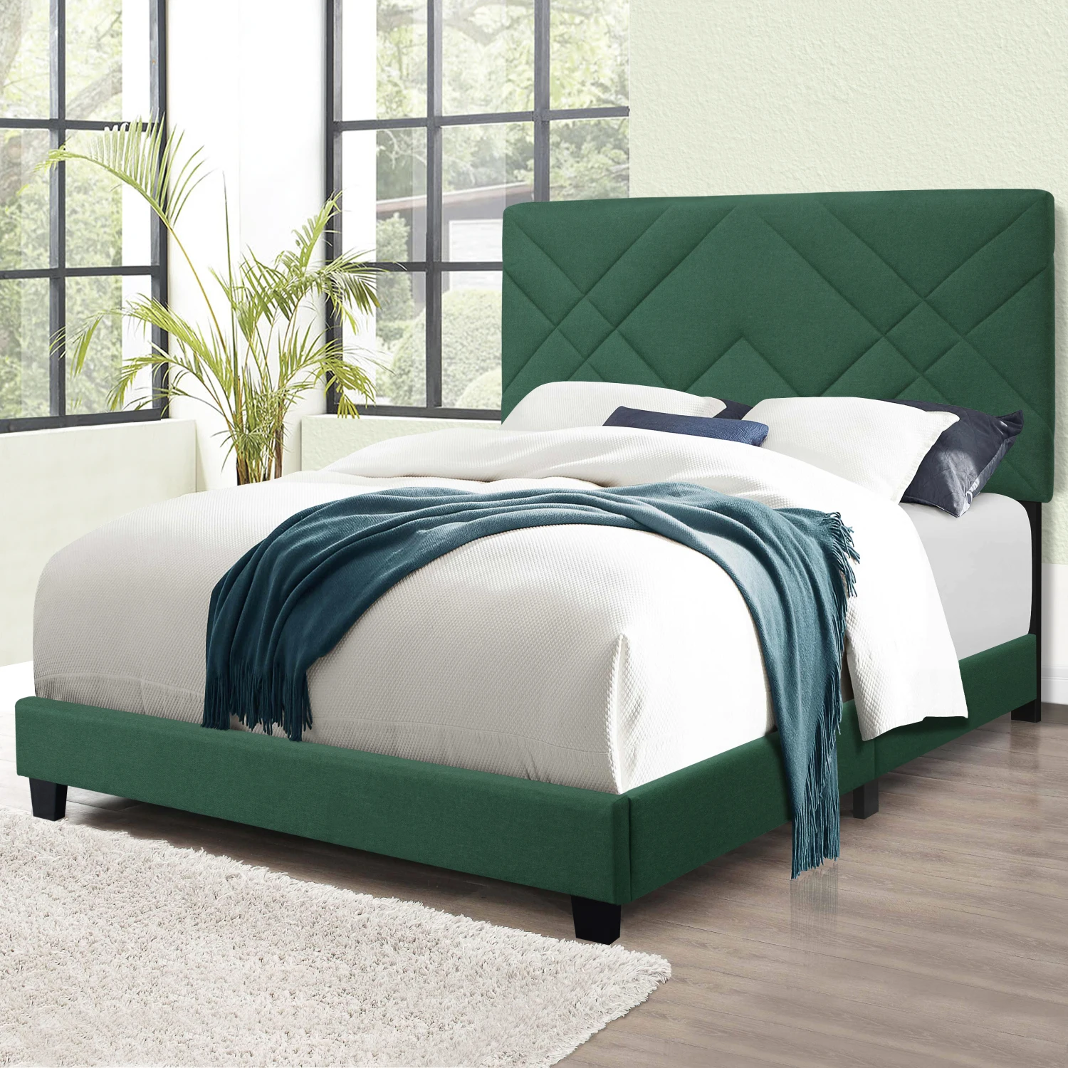 GREEN QUEEN SIZE BED FRAME WITH ADJUSTABLE HEADBOARD SUPER AFFORDABLE NO BOX SPING REQUIRE