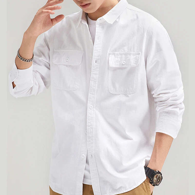 HIQOR 100% Cotton Men\'s Casual Shirt Male Overshirt 2024 Autumn Cargo Shirts Men Clothing Khaki Vintage Clothes Shirt Man Blouse