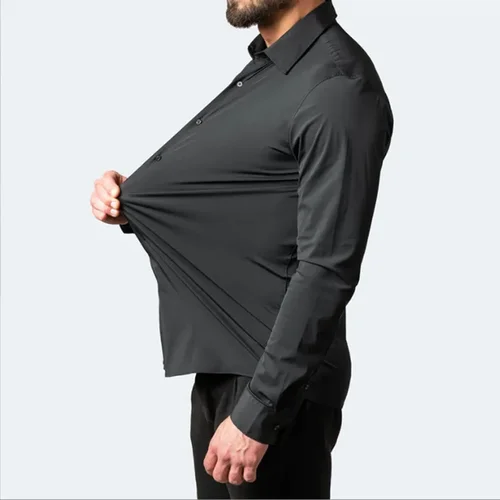 Imagen 2 del producto 6xl nueva camisa negra de verano para hombre, camisa informal de negocios de manga larga sin hierro con fuerza elástica, color sólido mercerizado vertical