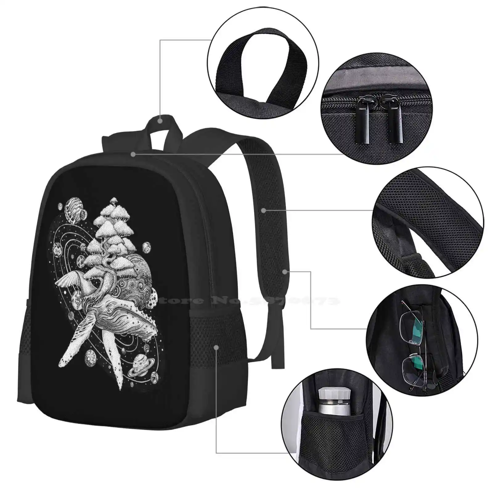 Bolsas escolares de ballena espacial para niñas adolescentes, bolsas de viaje para computadora portátil, ballena, bonsái, árbol, diseño de tatuaje, estilo de tatuaje, planetas, Luna, Saturno