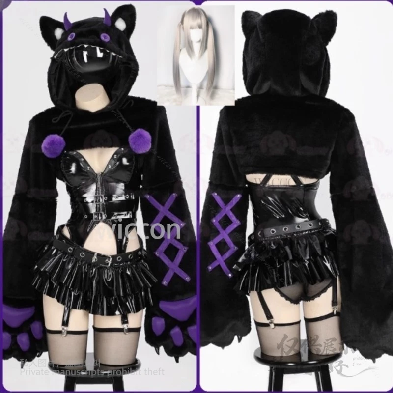Anime Duivel Knop Kat Leuke Schattige PU Leer Y2k Zwarte Jurk Pruiken Jirai Kei Stijl Rollenspel Cool Sexy Cosplay Kostuum Vrouwen