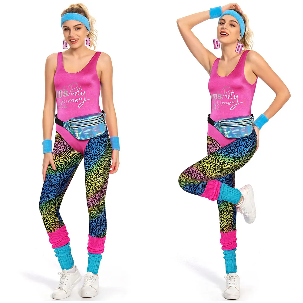 Women Vintage 80s 90s Hip Hop Disco Cosplay Jumpsuit Costume Yoga Leggings Bag Hippie Girls Halloween Party Tracksuit Outfits