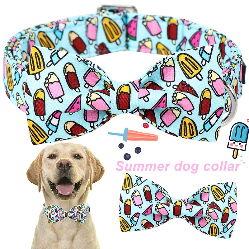 Summer Dog Collar-Cotton Ice Cream Dog Collar with bow, Adjustable Popsicle Bowtie Dog Collar Puppy Collars with Metal Buckle