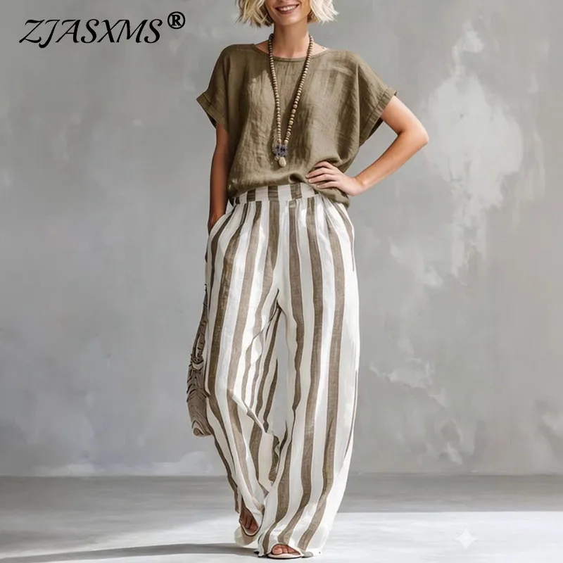 

Sexy Crew Collar Top T-shirts Wide Leg Trousers Suit Woman Spring Striped Print Cotton Linen Set Summer Short Sleeve Boho Outfit