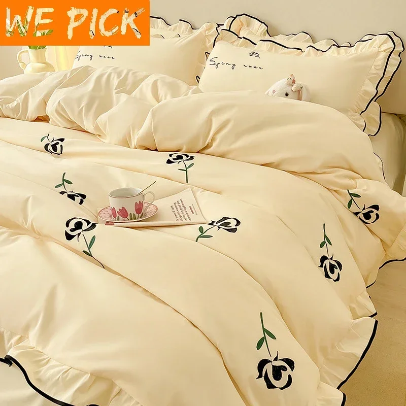 WEPICK 4PCS French Princess Cream Washed Cotton Bed Set Girl Heart Rose Edge Quilt Set  Bed Sheet Summer Bedding Home Textile