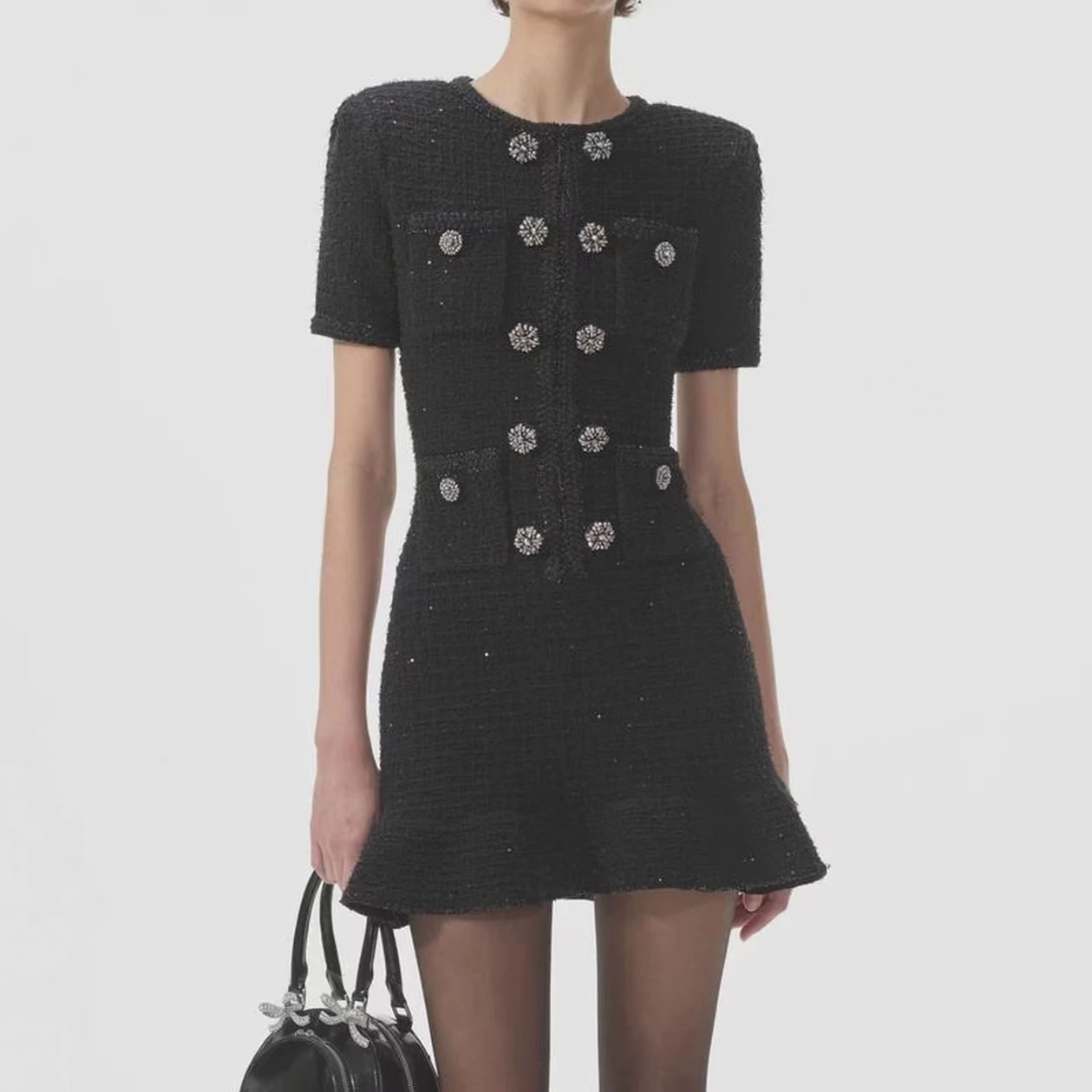 

Spring And Autumn New Fashionable Atmosphere Commuting Elegant Button Knitted Round Neck Woolen Slimming Long Sleeve Dress