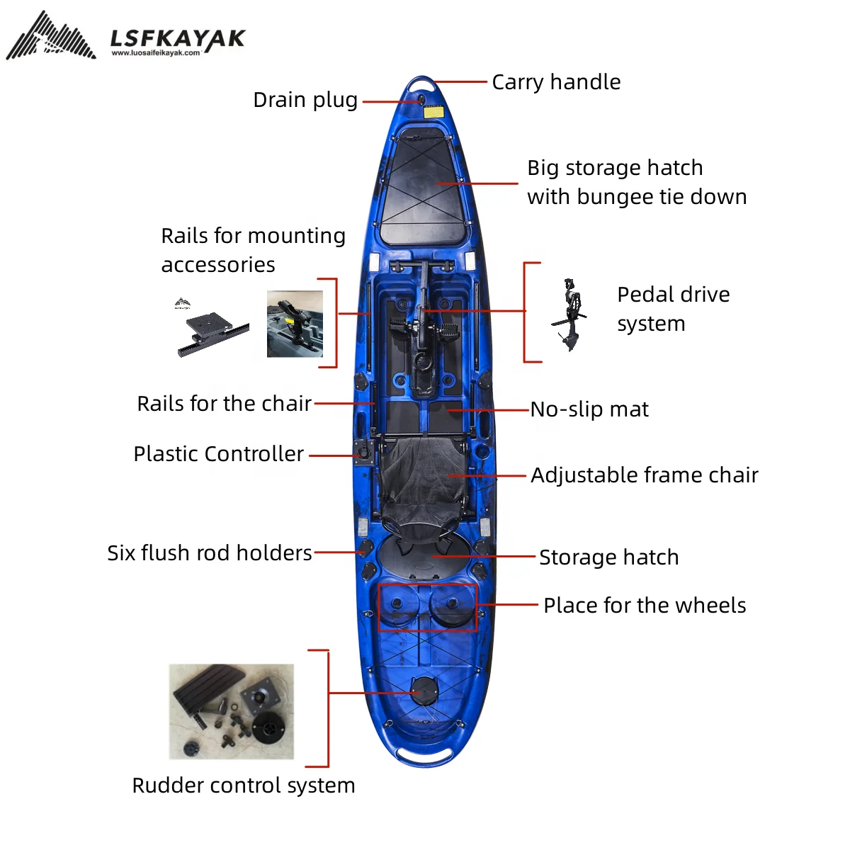 LSF 13FT Wholesale Single Pedal Kayak Sea Boat With Wheel For Offshore Waters