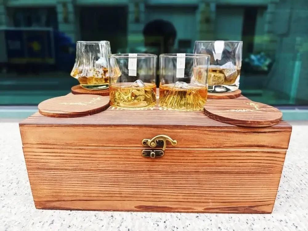 Latest Whiskey Glass Gift Set Wooden Box 4 Different Cup 8 Stone Ice Cube 4 Wood Coaster 1 Storage Bag 1 Clip Best Gift For Man 5