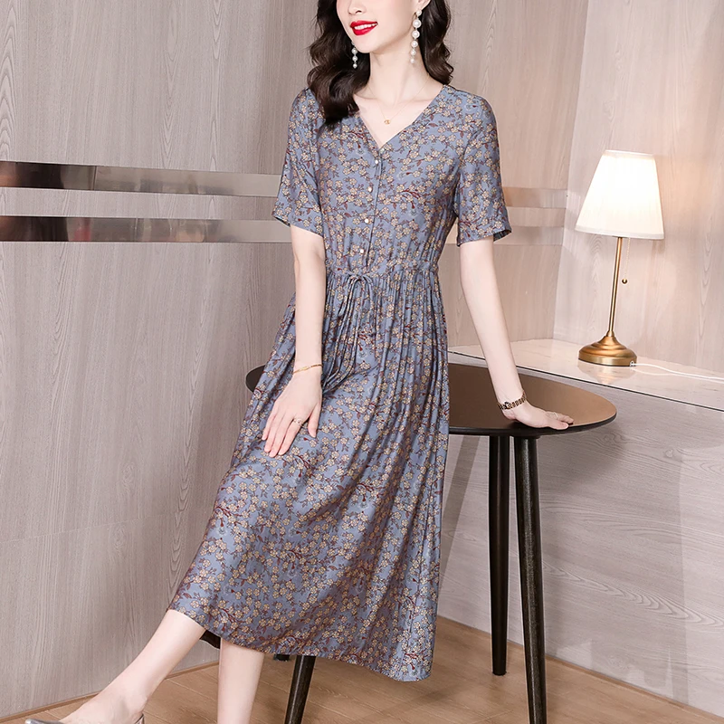 

2022 Purple Floral Silk Ruffled V-Neck Sexy Midi Dress Summer Fashion Light Causal Beach Dress Women Korean Elegant Bodycon Robe