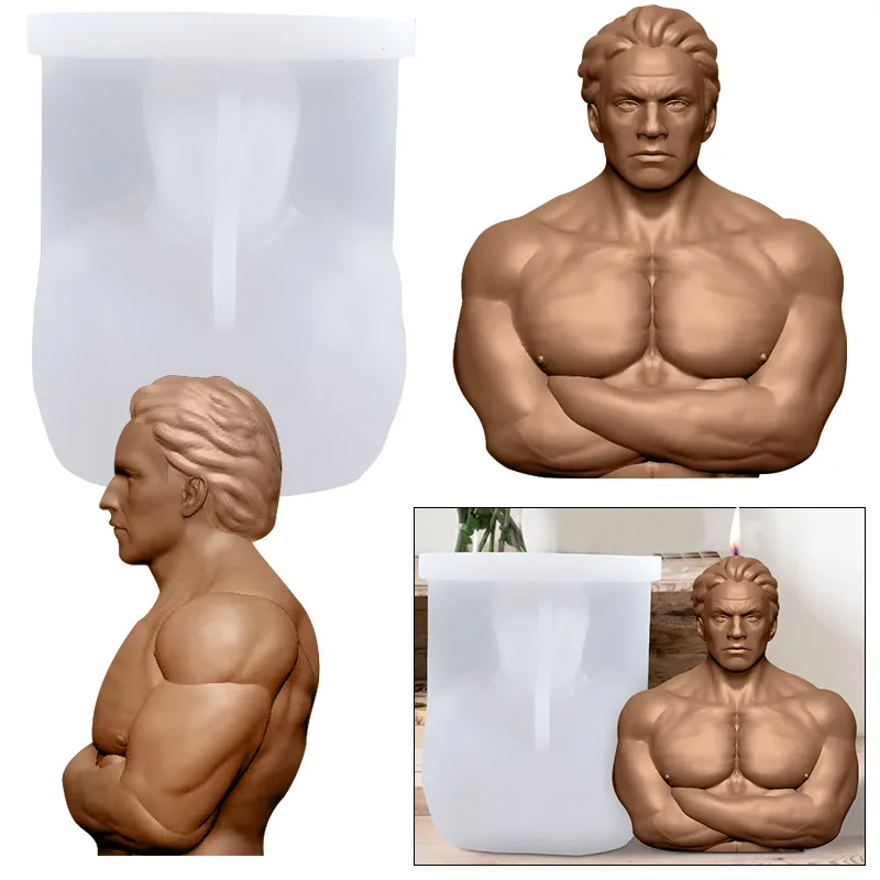 Shinny Man Upper Bust Candle Silicone Mold Body Resin Strong Male Plaster Art Craft Robust Muscle Exercising Soap Mould K546