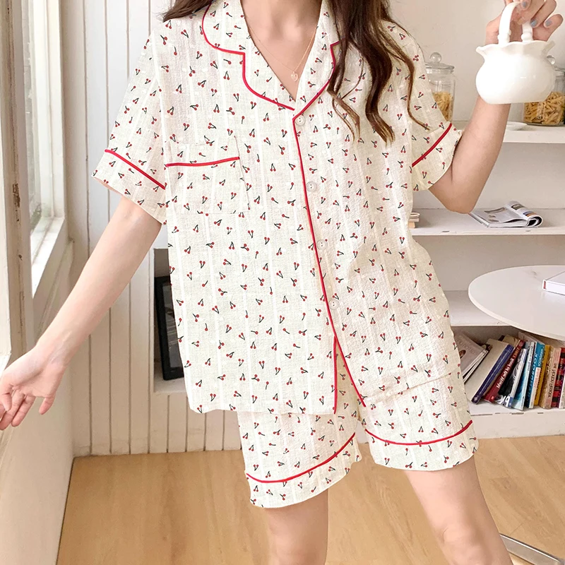 Korean Ins Sweet Fresh Simple Cherry Print Women\'s Pajamas Cotton Linen Wrinkled Cloth Sleepwear 2024 New Summer Y2k Nightgown