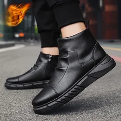 Men's Boots 2024 Winter New Black High Top Boots Plush Warm British Style Comfortable Anti Slip Artificial Leather Zipper Shoes