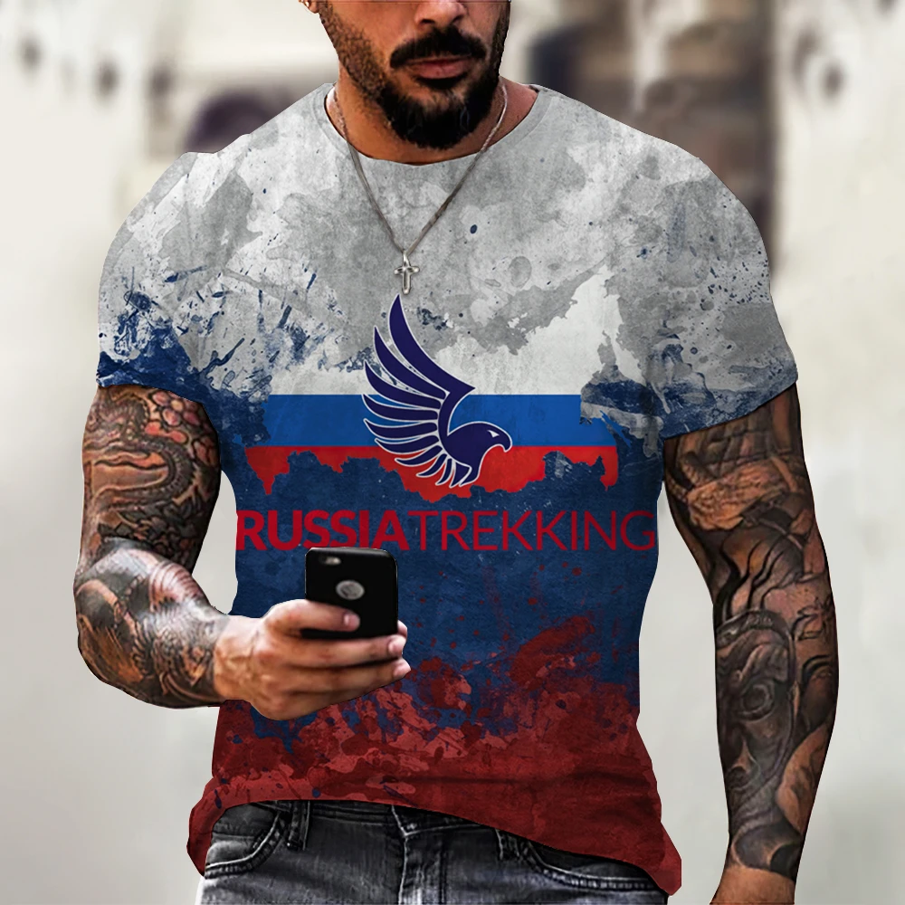 Camisetas con estampado 3D de oso ruso para hombre, cuello redondo, bandera rusa, manga corta, ropa de calle, Tops de gran tamaño, moda de verano