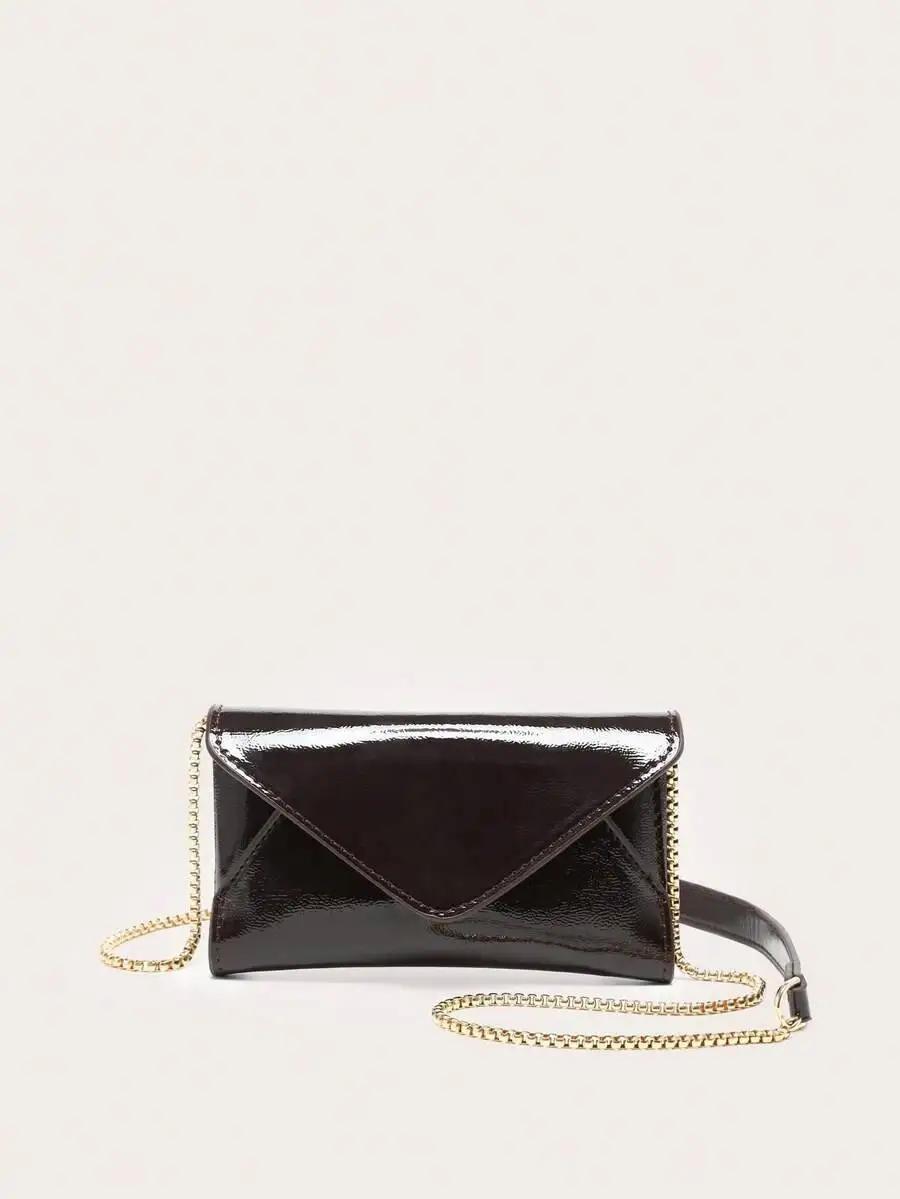 

1Pc Women's Envelope Clutch Bag With Chain Strap, Lacquered Leather Flap Design, Suitable For Parties And Casual Outings