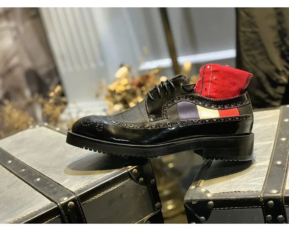 JINIWU 2026 Brogue Shoes for Men, Red White Blue Webbing Thick Sole Handmade Matte Black Cow Leather Carved Dress Shoes