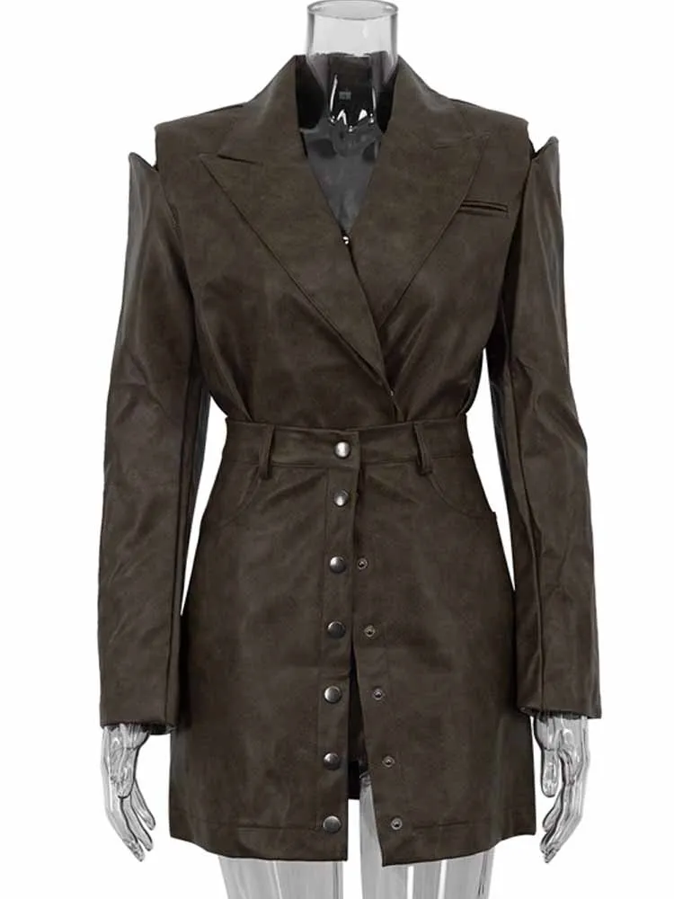 BKQU PU Leather Women Blazer Skirt Suits Fashion Long Sleeve Hollow Out Lapel Coat Button High Waist Mini Skirt 2 Pieces Outfits