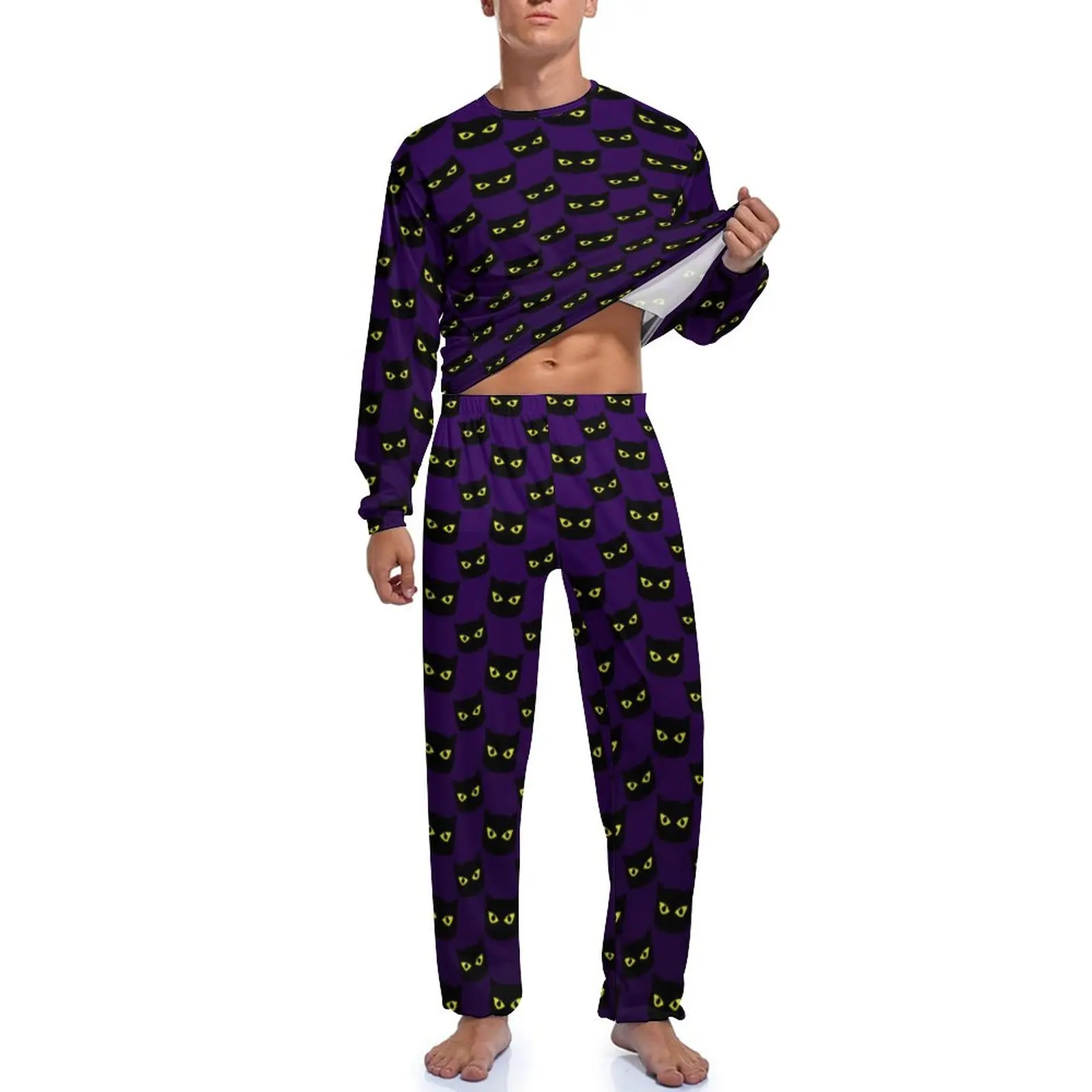 Black And Purple Cats Pajamas Mens Halloween Print Kawaii Home Suit Autumn Long Sleeve Two Piece Aesthetic Design Pajama Sets