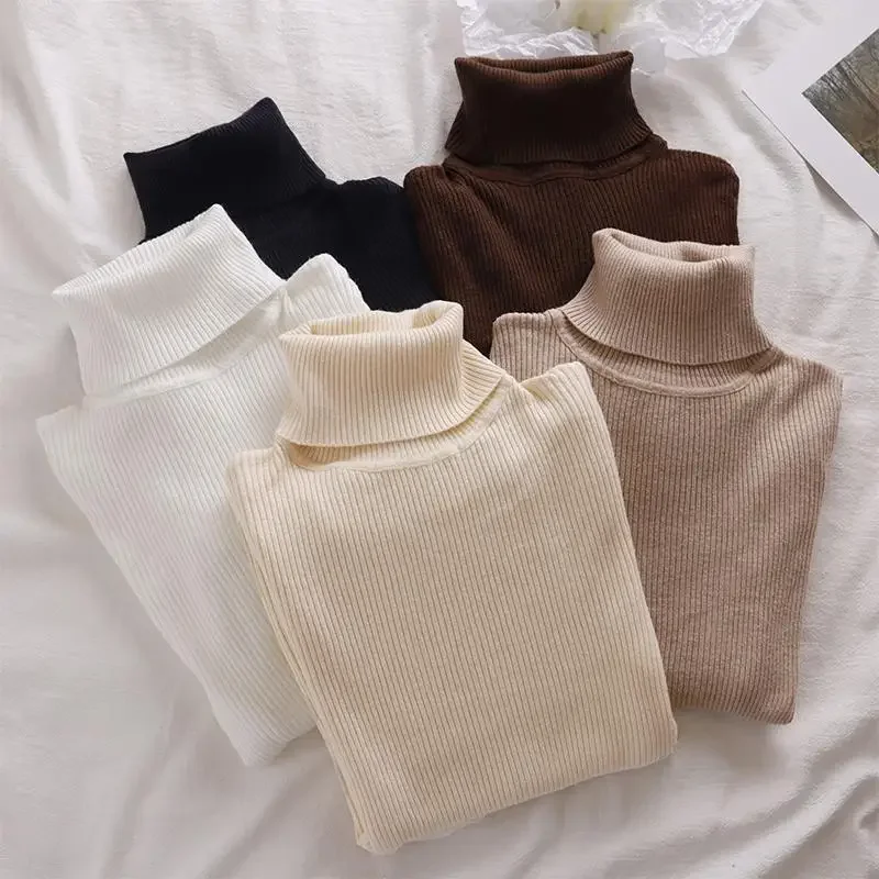 قميص كوري محبوك بياقة عالية وأكمام طويلة، لون نقي، ملابس داخلية متعددة الاستخدامات، ملابس داخلية أنيقة داخلية طويلة، أزياء نسائية #4