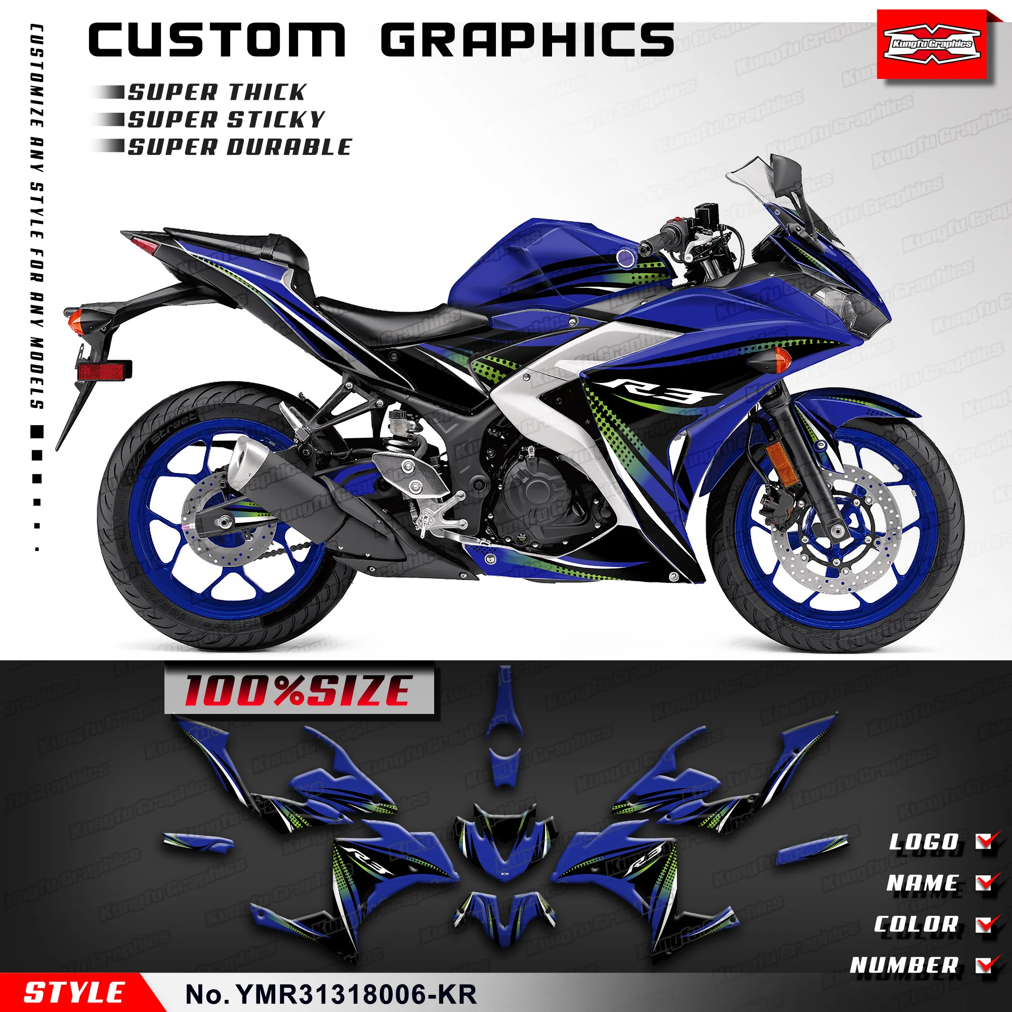 KUNGFU GRAPHICS Sportbike Sticker Wrap Kit  Vinyl Decal for Yamaha YZF-R3 YZF R3 2013 2014 2015 2016 2017 2018, YMR31318006-KR