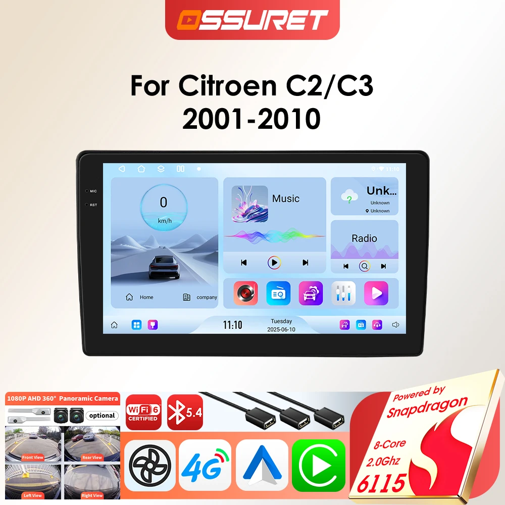 2 Din Android 14 Auto Radio Multimedia Player Für Citroen C2 C3 2001-2010 Drahtlose Carplay auto GPS Intelligente audio stereo DSP