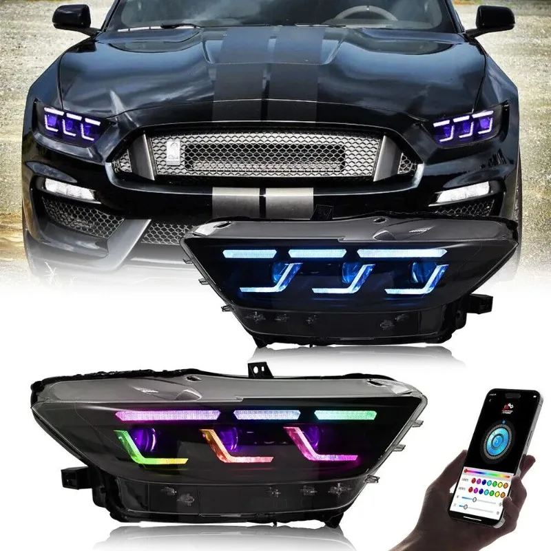 

For Ford Mustang 2015-2017 RGB LED Headlight Pair, Dynamic DRL Projector, Multi-Color Custom Style