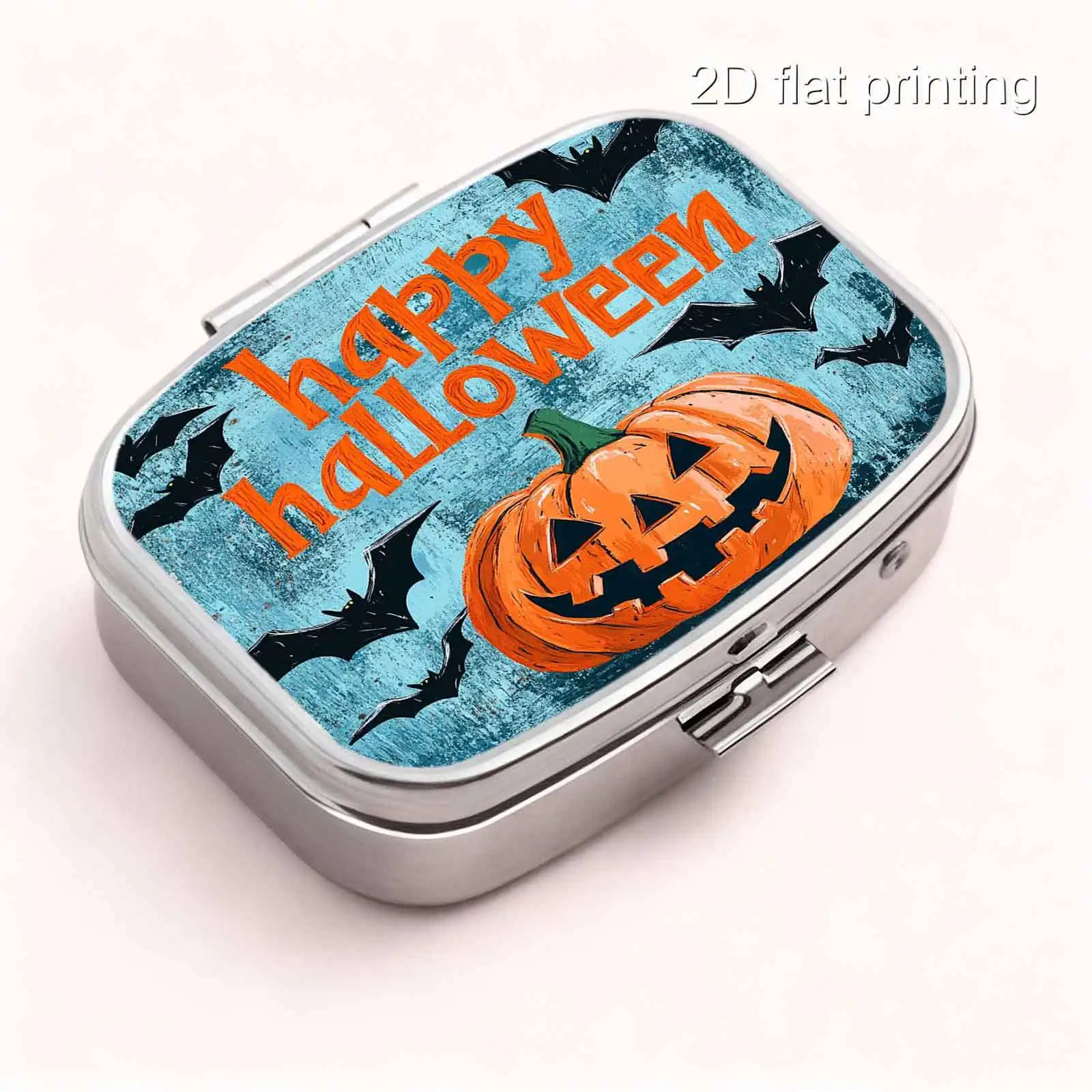 1Pc Flat Printing Pill Box, Portable Metal Material, Orange Background with Bat, Pumpkin, Happy Halloween Text Pattern, Contrasting Color Retro Matte Square Style Design Capsule Box, Portable Small Pill Box, Vitamin Compact Creative Small Accessory Box, Small Particle Storage, Gift-Giving Choice, Portable and Easy to Carry