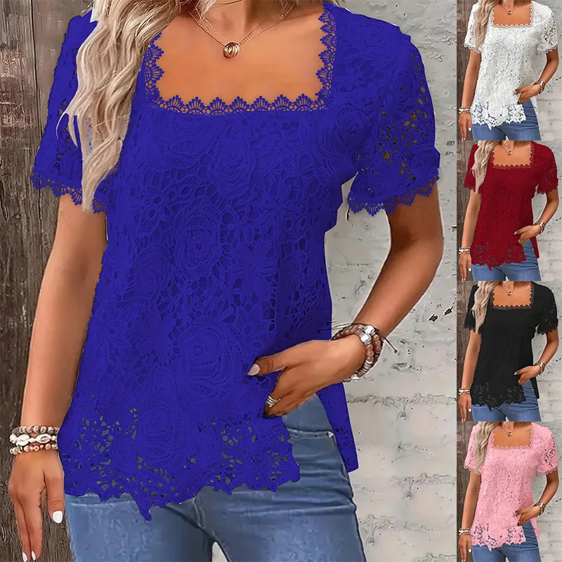 Ladies Lace Square neck Blouse Tee Short Sleeve Summer Tops Casual T-shirts PLUS SIZE