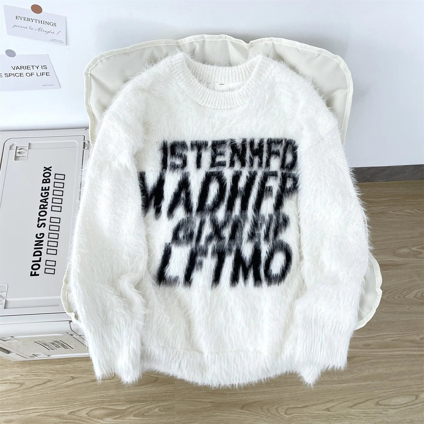 

American Street Sle Soft Mink Letter Embroidery Knitwear round Ne Pullover Sweater for Men And Women Trendy Lazy Draped W...