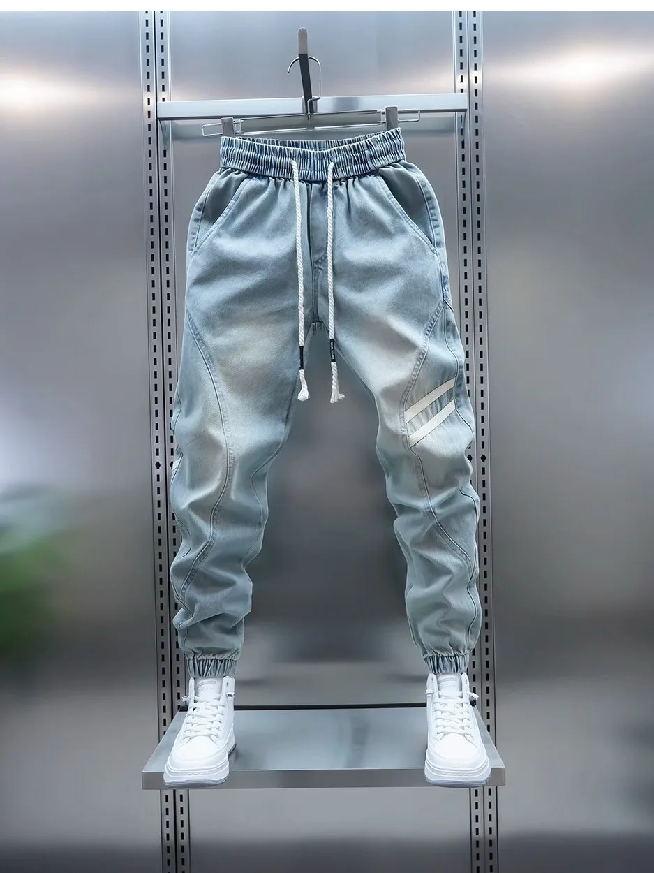 Men's Summer Slim Fit Casual Jeans Light Blue Elastic Waist Loose Leggings mid Waist Zipper Decorated Harajuku Sle Loose Fit