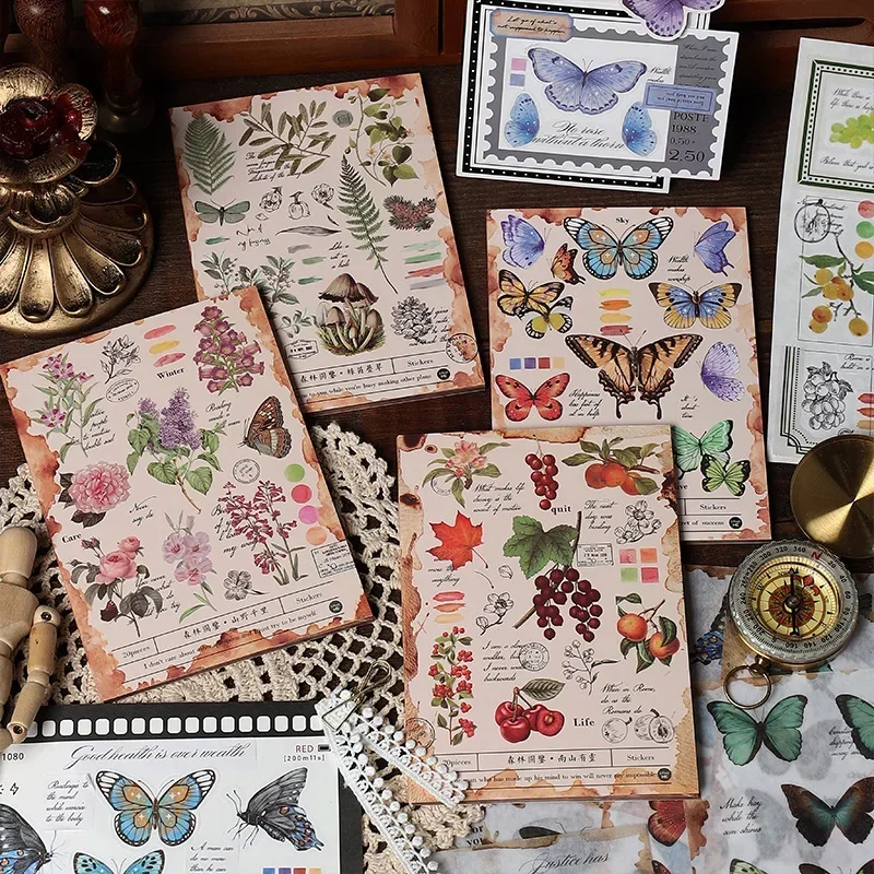 20 Sheets Vintage PET Sticker Book Diy Diary Butterfly Album Scrapbooking Retro Flower Material Paper Decorative Sticker