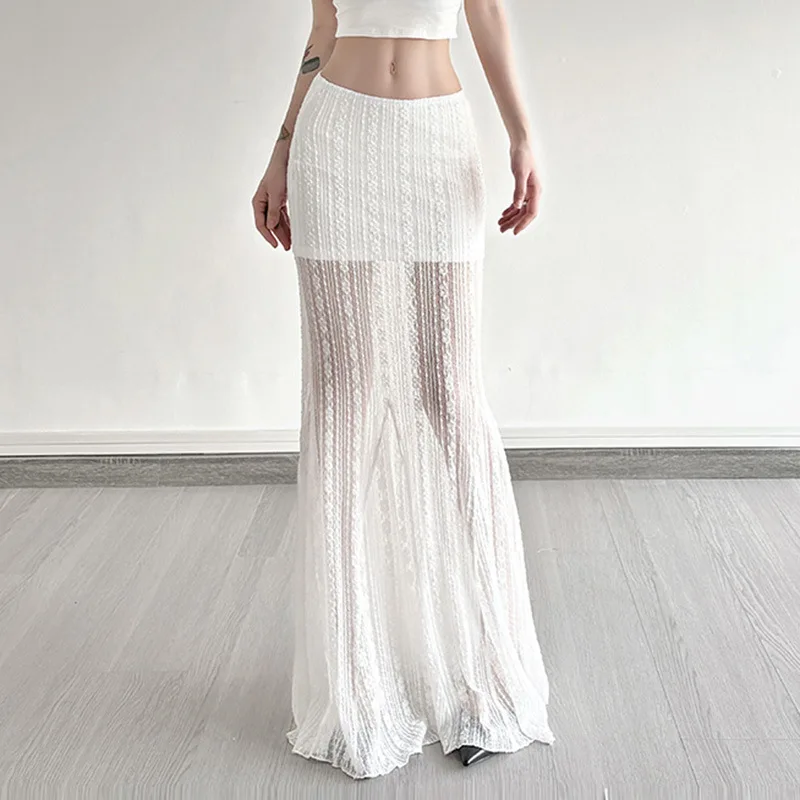 Sexy See Through Lace Long Skirts Women Ocean Holiday Sweet Mermaid Skirt Vintage French Slim High Waist Lady Elegant Long Skirt
