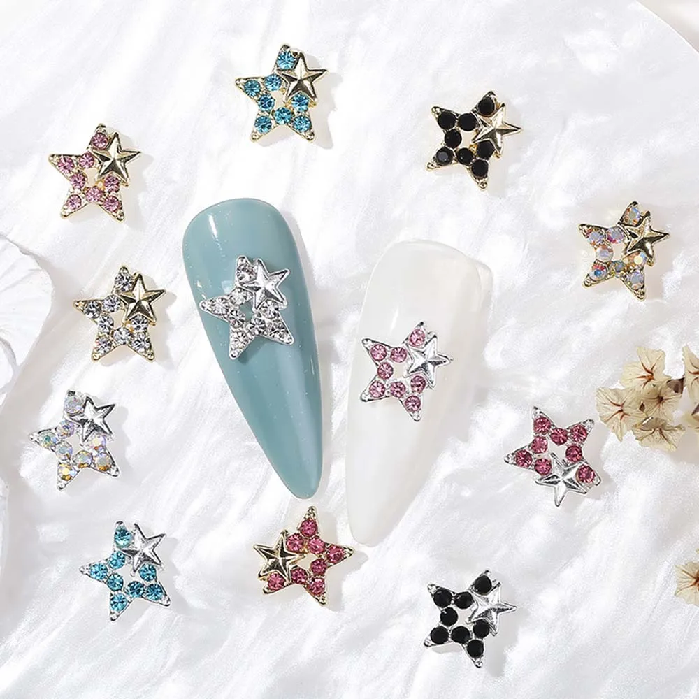 10Pcs Hollow Star Nail Art Charm 3D Alloy Sparkling Five-Pointed-Star   Crystal Diamond Nail Decoration DIY Manicure Accessories