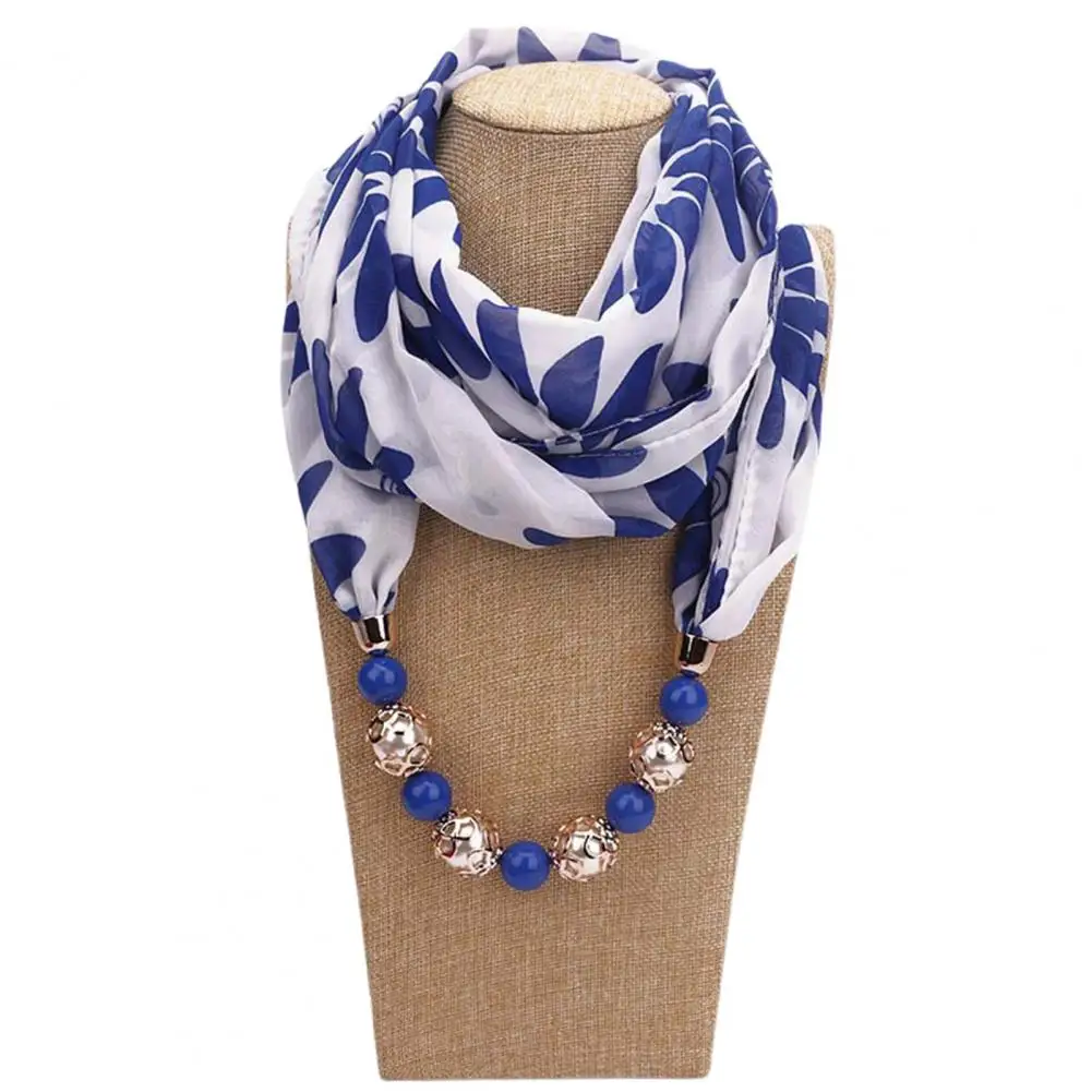 Beads Pendant Floral Print Necklace Scarf Simple Ethnic Style Vintage Chiffon Scarf Necklace Shawl For Home Шарф С Ожерельем