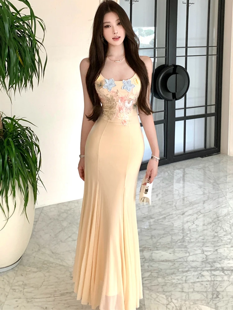 2025 nova malha branca apliques chique estilingue sexy vestido longo feminino elegante casual estilo praia vestido de verão coreano bodycon vestido de baile